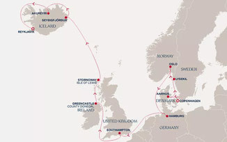 Reiseroute mit EXPLORA III von Kopenhagen nach Reykjavik
