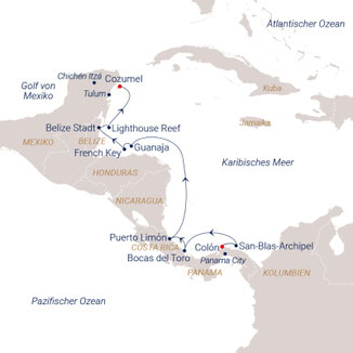 Reoutenkarte der SEA CLOUD SPIRIT von Colón nach Cozumel