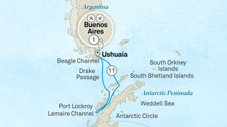 Reiseroute mit Scenic Eclipse von Ushuaia nach Ushuaia mit Flug von Buenos Aires nach Ushuaia und wieder zurück