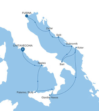 Reiseroute mit Silver Mus von Fusina nach Civitavecchia
