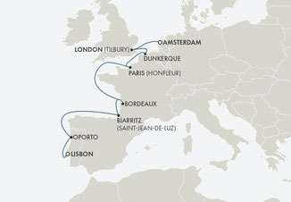 Reiseroute mit Seven Seas Grandeur von Amsterdam nach Lissabon