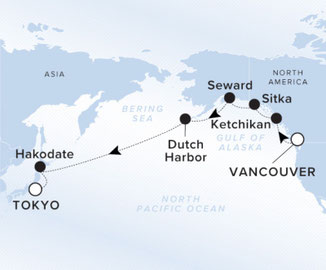 Routenkarte Vancouver nach Tokyo mit der Luminara Luxusyacht