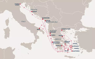 Reiseroute mit EXPLORA II von Fusina nach Piräus
