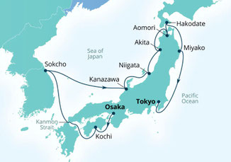 Routenkarte von Osaka nach Tokio mit Seabourn Encore