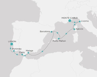Reiseroute mit Crystal Symphony von Monte Carlo nach Lissabon