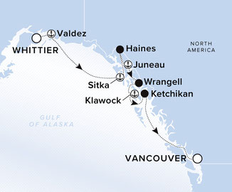 Routenkarte von Whittier nach Vancouver mit der Luminara Luxusyacht