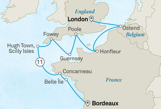 Reiseroute der Scenic Eclipse II von Bordeaux nach London