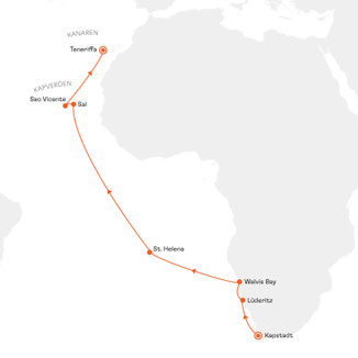 Routenkarte von Kapstadt nach Teneriffa mit MS EUROPA 2