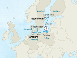 Routenkarte von Hamburg nach Stockholm mit Scenic Eclipse II