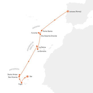 Routenkarte Porto nach Sal mit HANSEATIC spirit