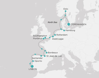Reiseroute mit Crystal Serenity von Lissabon nach Kopenhagen