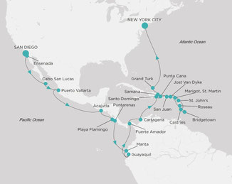 Routenkarte von San Diego nach New York City mit Crystal Symphony