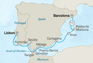 Routenkarte der Scenic Eclipse II von Lissabon nach Barcelona