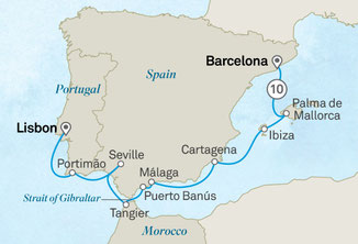 Routenkarte der Scenic Eclipse II von Lissabon nach Barcelona