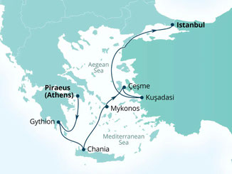 Routenkarte mit Seabourn Quest von Piräus nach Istanbul