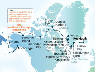 Routenkarte mit Seabourn Venture von Reykjavik nach Anchorage