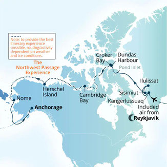 Routenkarte mit Seabourn Venture von Reykjavik nach Anchorage