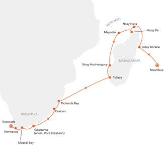 Routenkarte Kapstadt nach Mauritius mit HANSEATIC spirit
