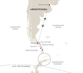 Reiseroute mit MS Fridtjof Nansen von Ushuaia bis Ushuaia