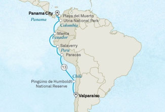 Routenkarte von Santiago nach Panama City mit Scenic Eclipse II