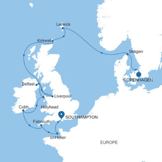 Reiseroute mit Silver Dawn von Kopenhagen nach Southampton