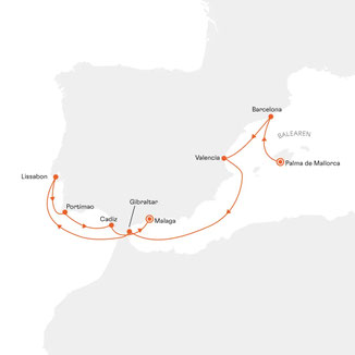 Routenkarte Palma de Mallorca nach Malaga mit Europa 