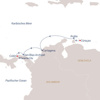 Routenkarte der SEA CLOUD SPIRIT von Willestad (Curaçao) nach Panama City