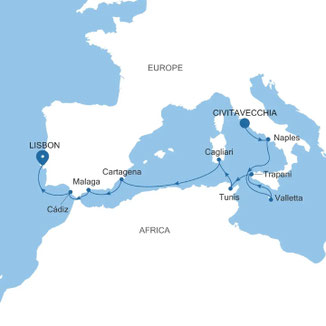 Reiseroute mit Silver Dawn von Civitavecchia nach Lissabon