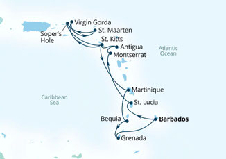 Routenkarte von Bridgetown nach Bridgetown mit Seabourn Ovation