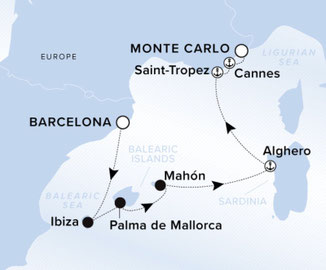 Routenkarte von Barcelona nach Monte Carlo mit der Luxusyacht Ilma