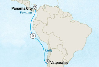 Routenkarte von Panama City nach Valparaíso (Chile) mit Scenic Eclipse
