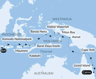 Routenkarte von Benoa, Bali (Indonesien) nach Cairns (Australien) mit Le Soléal