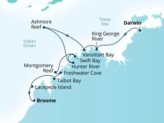 Reiseroute mit Seabourn Pursuit von Darwin nach Broome