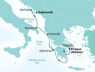 Reiseroute mit Seabourn Quest von Dubrovnik nach Piräus