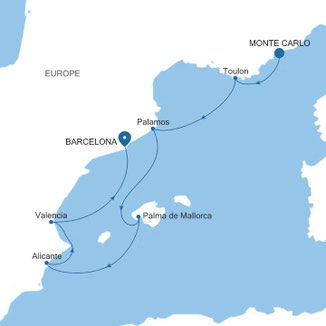 Reiseroute mit Silver Ray von Monte Carlo nach Barcelona