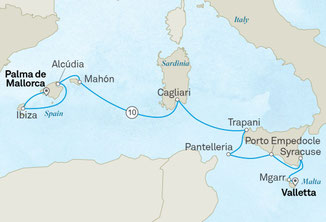 Routenkarte der Scenic Eclipse II von Palma de Mallorca nach Valletta