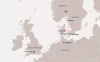 Reiseroute mit EXPLORA III von Kopenhagen nach Southampton