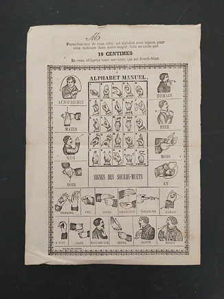 Feuille volante – Signes des sourds-muets (vendue à dix centimes, XIXᵉ – début XXᵉ siècle).