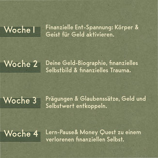  Woche 1  Körper & Geist für Geld aktivieren.  Stabile Routinen & Rituale.     Woche 2  Geld-Biographie und finanzielle Identität  Finanzielles Trauma     Woche 3  Prägungen, Glaubenssätze & Geldverhalten  money:mind:shift     Woche 4  Lernpause  Money Qu