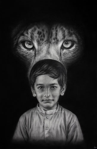 boy snow leopard wild spirits drawing by french pencil artist Magali Lapeyre-Mirande garçon léopard des neiges esprits sauvages dessin artiste dessinatrice