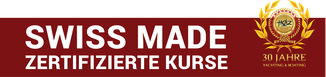 Rotes Banner “Swiss Made Zertifizierte Kurse” mit goldenem Jubiläums-Logo “30 Jahre HOZ Yachting & Boating”.