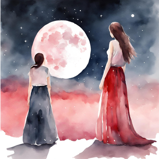 Eine Frau und ein Mädchen schauen den Vollmond an. Weiblichkeitscoaching The Moon Club