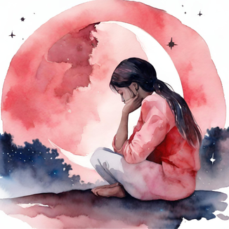 Ein Mädchen sitzt nachdenklich vor einer Mondsichel. Weiblichkeitscoaching The Moon Club