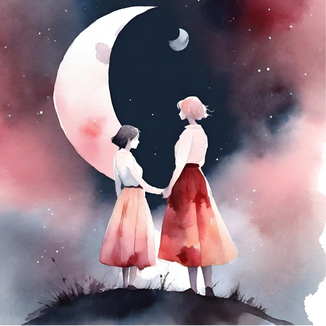 Eine Frau und ein Mädchen stehen vor einer Mondsichel und halten sich an den Händen. Weiblichkeitscoaching The Moon Club.
