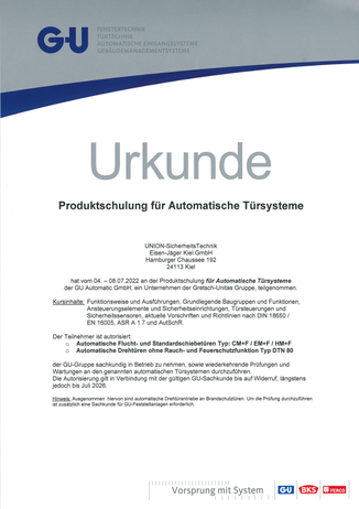 Zertifikat Produktschulung für Automatische Türsysteme