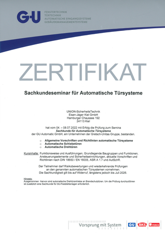 Zertifikat Sachkundeseminar für Automatische Türsysteme