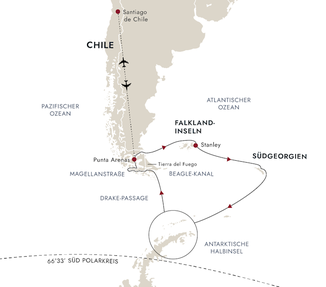 Reiseroute mit MS Fram von Punta Arenas bis Punta Arenas