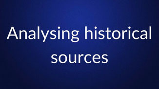 White text reading “Analysing historical sources” is centered on a plain dark blue background.