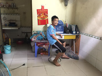 Study desk, sleeping area and kitchen
