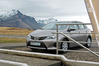 Our hire car, parked outside our accommodation at Hraunhóll 4 Apartment in Höfn, Iceland.